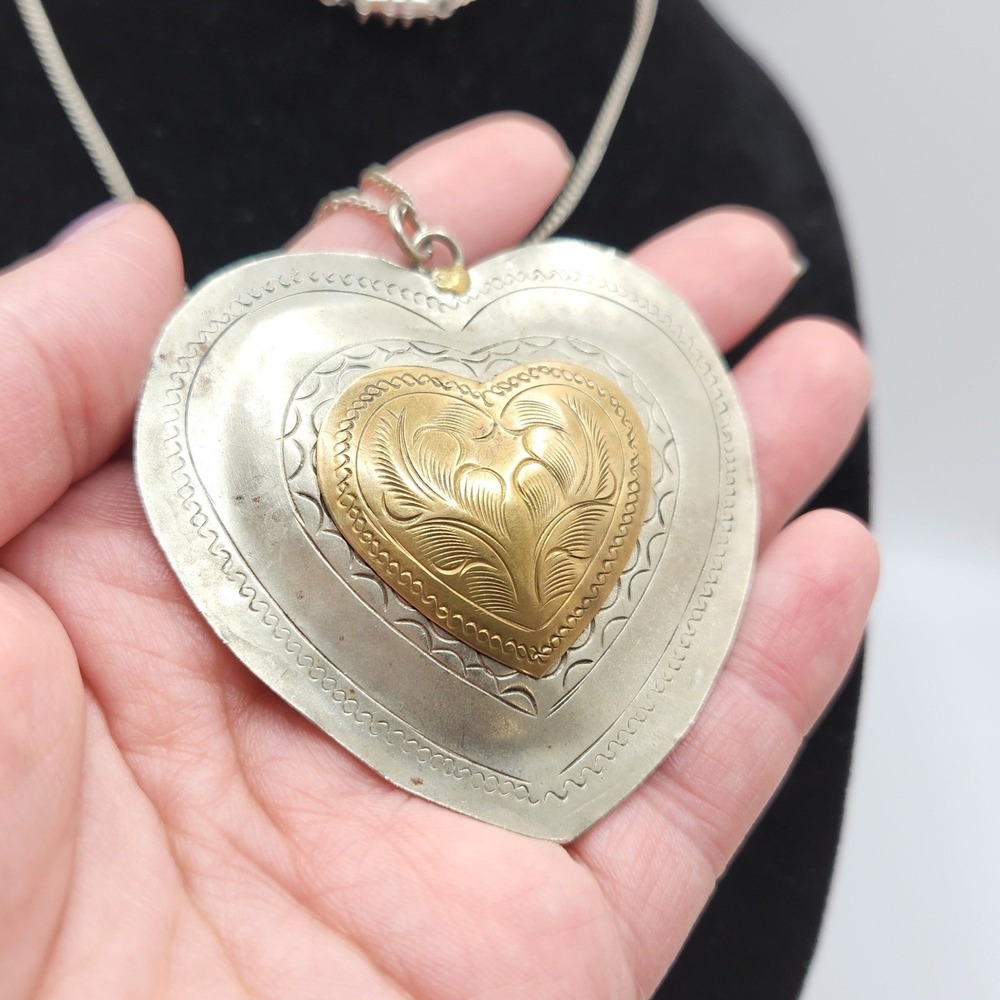 Vintage Puffy Etched Heart Pendant Necklace Art Nouveau Revival Boho Artisan